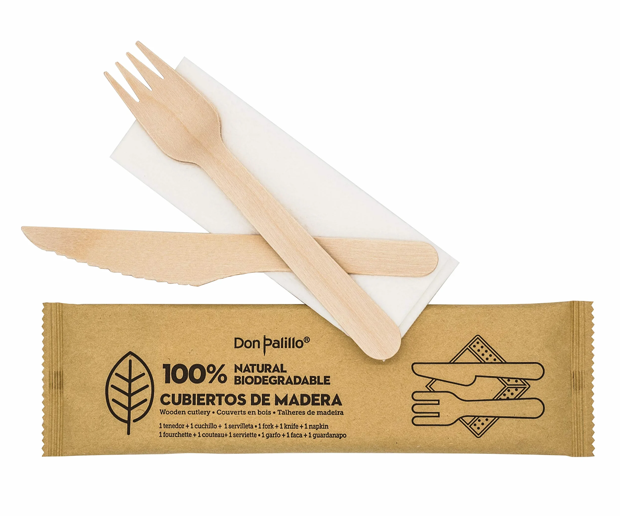 50 Sätze Einweg-Holzbesteck mit Kraftpapier ummantelt. Jedes Set enthält 1 Gabel + 1 Messer + 1 Papierserviette