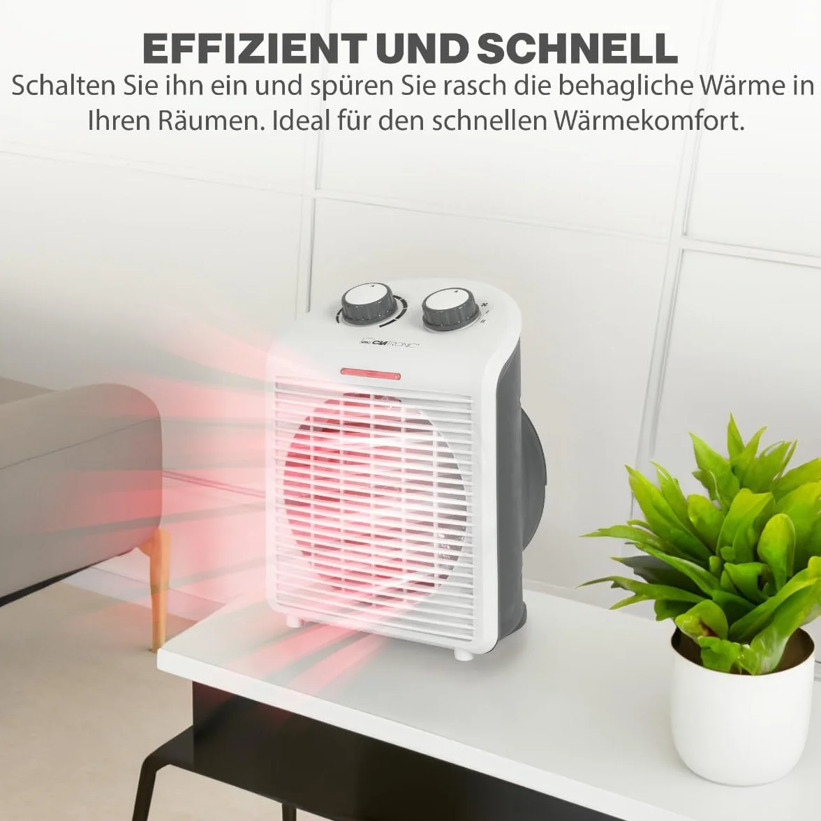 Clatronic Heizlüfter HL 3761, mobiler & kompakter Heizlüfter, 2 Heizstufen (1000/2000 W), Kaltstufe (Ventilator), stabiler Tragegriff, Grau-weiß, 263951
