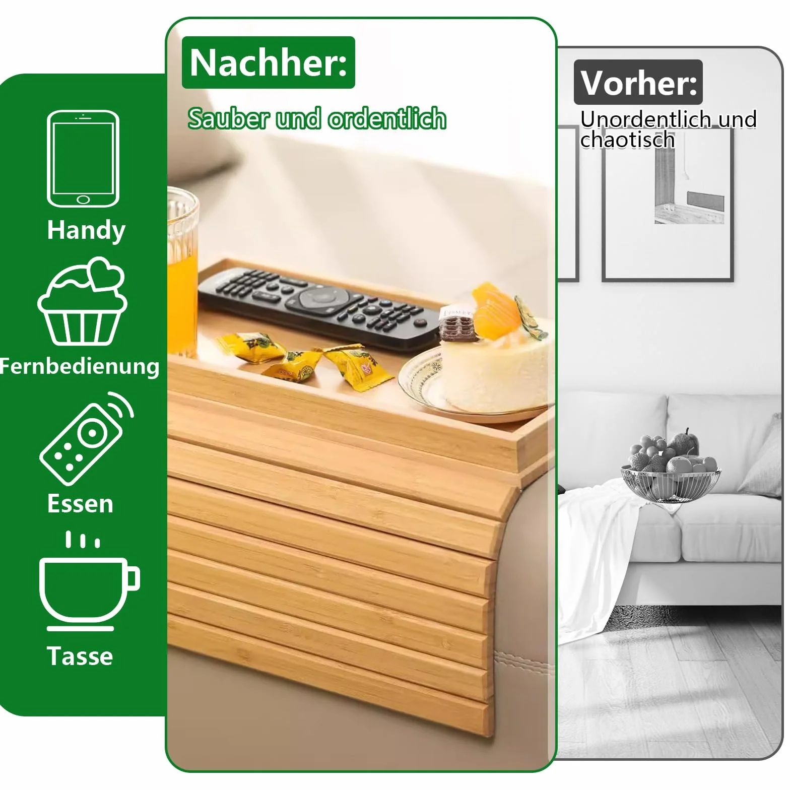 Sofatablett Armlehne aus Bambus Flexibles Couch Tablett Bambus Getränkehalter Faltbar Couchablage für Snacks, Handy, Steuerung, Tassen
