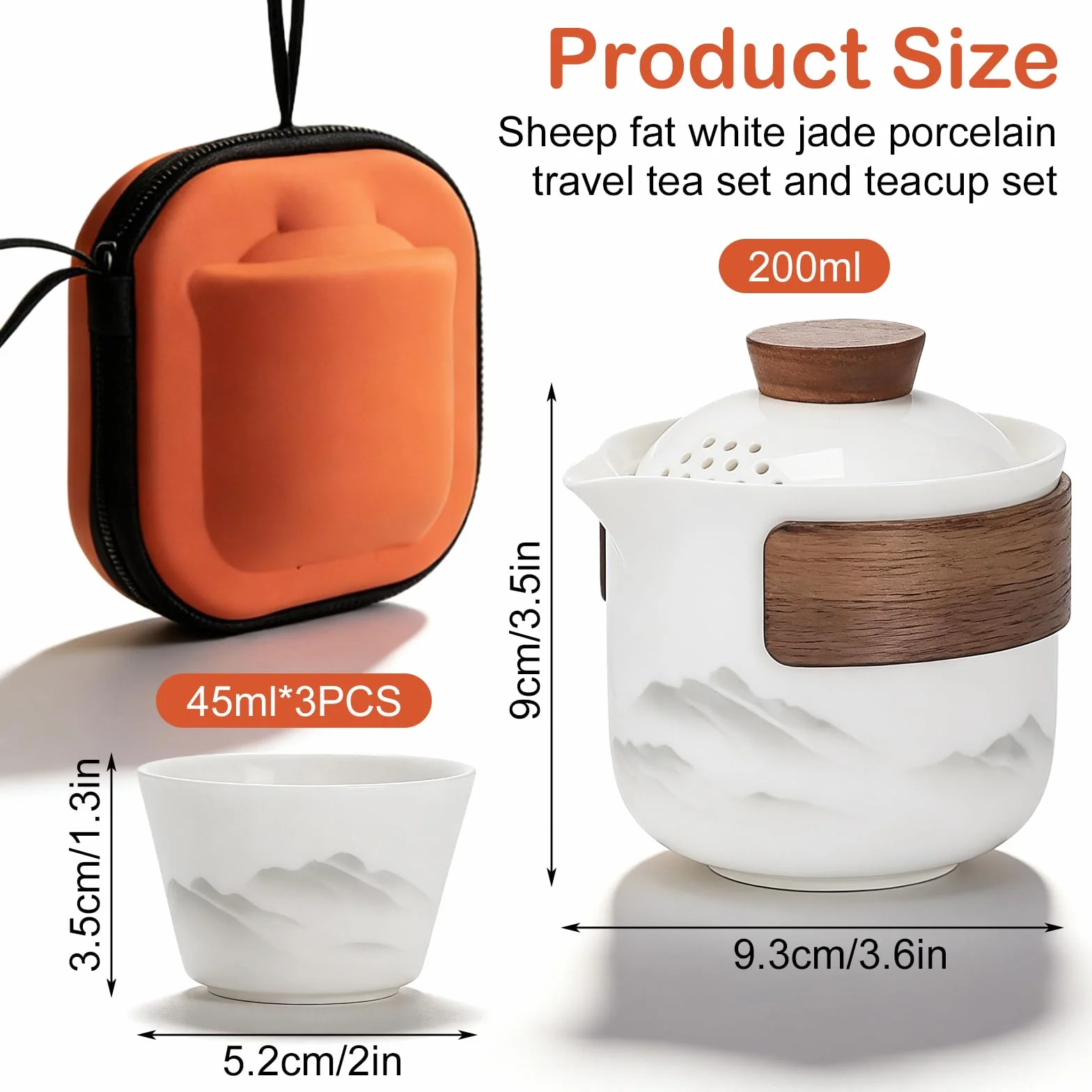 PORFOYO Chinesisches Gongfu-Tee-Set, 200ml Tragbares Keramik-Teekannen-Set, Hochwertiges Porzellan Teeset, Keramik Teekannen-Set, Einteiliges Set Für Reisen, Zuhause Und Büro, Weiß-Orange