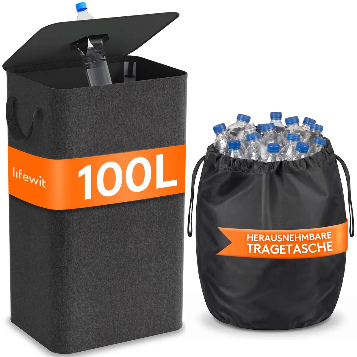 Lifewit 100L Pfandflaschen Sammelbehälter mit Deckel, Groß Pfandflaschen Aufbewahrung, Behälter Leergut & Altglas Aufbewahrung, Flaschensammler mit Loch Küche Abstellraum Flaschentasche, Dunkelgrau