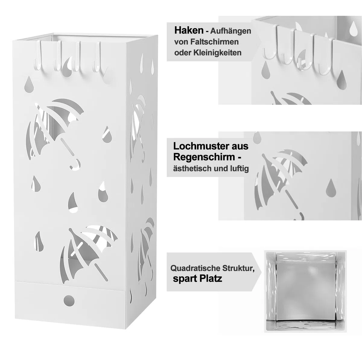 Laneetal Regenschirmständer, quadratischer Schirmständer, Regenschirmhalter aus Metall, mit herausnehmbarer Wasserauffangschale, 4 Haken, Regenschirm-Motiv, 20x49x20cm, Weiß