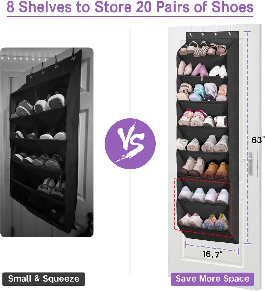 MISSLO Schuh-Organizer über der Tür Schmal hängende Schuhaufbewahrung mit 8 tiefen Taschen Passt 20-Paar Schuh Regal, Kleiderschrank Schuhhalter für Türorganizer, Schwarz