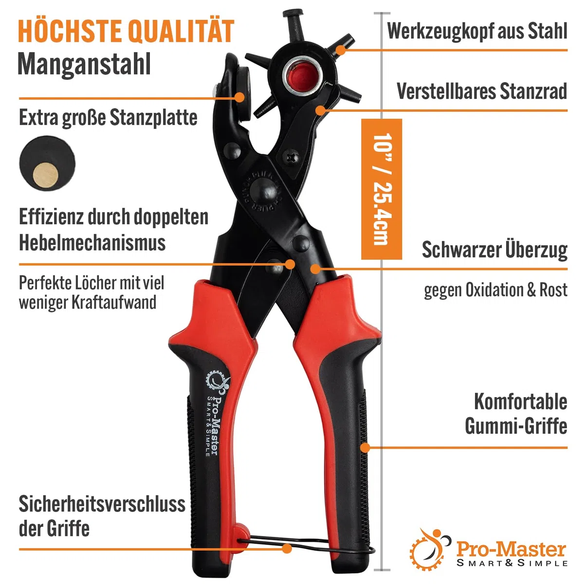 PRO-MASTER robuste Lochzange für Leder & Gürtel, Komplettset mit 6-fach verstellbarer Revolverlochzange 2–4,5 mm, Gürtellocher Set für Hundehalsband, Lederarmband, Stoff, Canvas, Gummi & Kunststoff