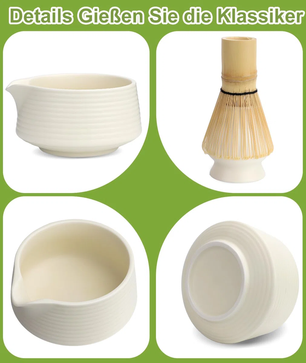 JBER Matcha Besen Set, Matcha Set 7-Teiliges - Bambus Matcha Whisk, Matcha Schale mit Auslauf, Matcha Besen Halter, Sieb, Löffel und Halter, Japanisches Matcha Zubehör für Matcha-Liebhaber, Beige Weiß