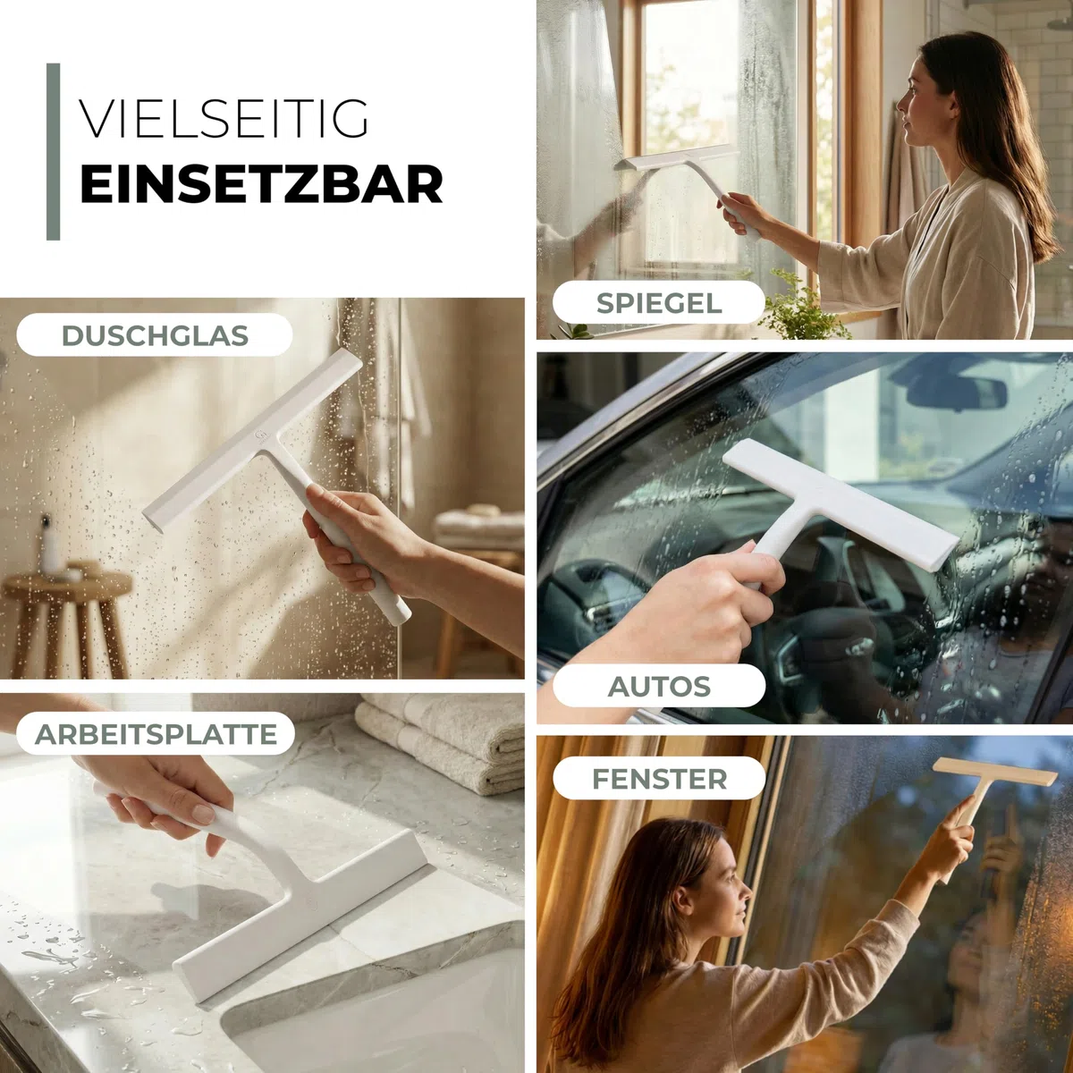 GÜTEWERK Duschabzieher Set mit Haken - weiß 23 cm - ohne Bohren breiter Silikon Abzieher Dusche Bad Badezimmer Fenster Edelstahl Fensterabzieher Scheibenabzieher breit Saugnapf halterung Badabzieher