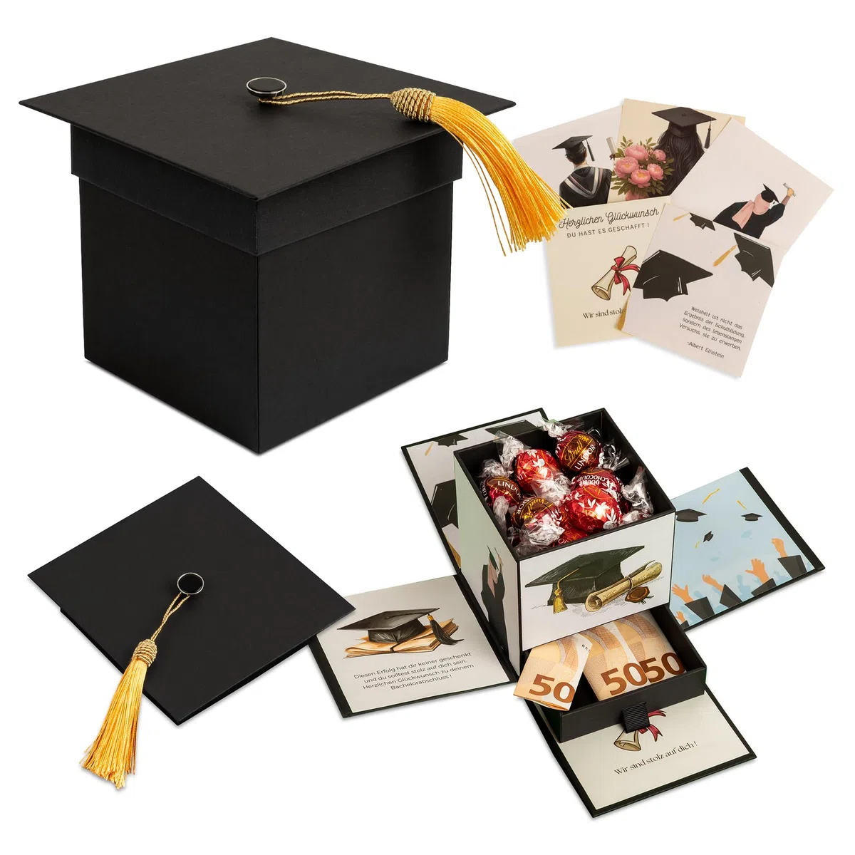 Explosionsbox – Abschluss Geschenk, Geschenkbox Abitur, Abi Bachelor Master Uni Schulabschluss Geschenke, Überraschungsbox, Doktorhut, Graduiertenhut, Geldgeschenk, Graduation Deko, Suprise Box