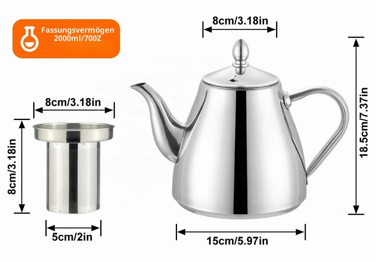 SANQIAHOME Edelstahl-Teekanne mit Siebeinsatz,Teekannen,2.0L