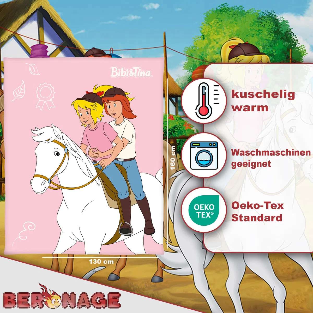 Bibi und Tina Decke - Pferde Rosa - 130 x 160 cm | Fleece-Decke mit Sabrina, Kuscheldecke, Tagesdecke, Flauschdecke | Ideal für Sofa und Bett | Martinshof, Amadeus | Kinderdecke und Geschenkidee