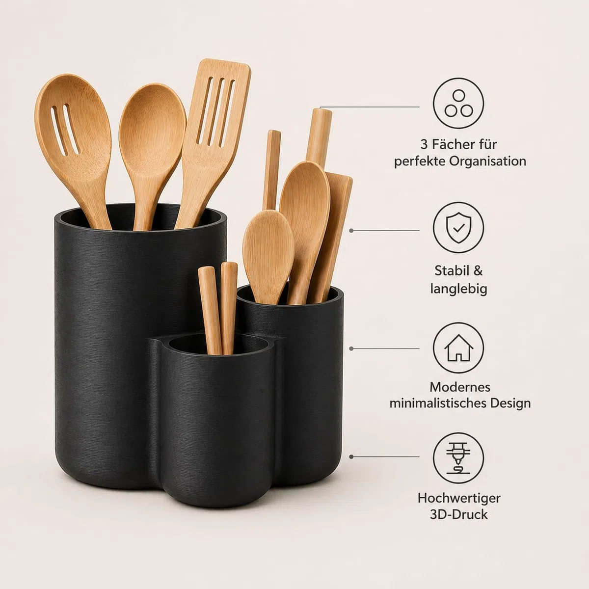 KIVARO™ Modular Küchenutensilienhalter – 3-teiliges Organizer Set für Kochlöffel & Küchenzubehör – Moderner Besteckhalter aus 3D Druck – Platzsparend & Minimalistisches Küchendesign (Schwarz)