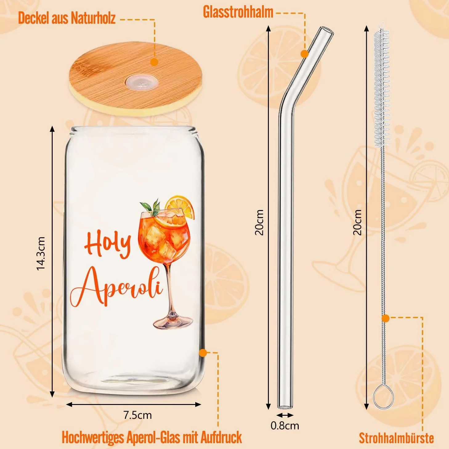 Aperol Spritz Gläser Glas mit Deckel Strohhalm Aperol Accessoires Aperol Geschenke für Frau Aperol Spritz Gläser Geschenkset (Aperol straw cup)