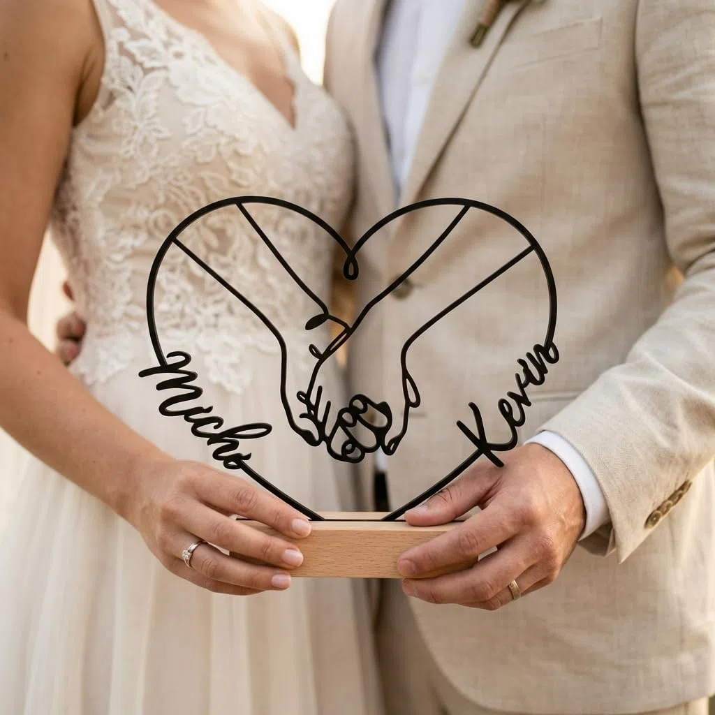 Hochzeitsgeschenk personalisierte Acrylglas Deko mit Namen – Hände Motiv – 15x20 cm – Lasergeschnitten – Schwarz oder Weiß – Holzsockel – Geschenk zur Hochzeit, Jahrestag & Valentinstag (Typ4) AC