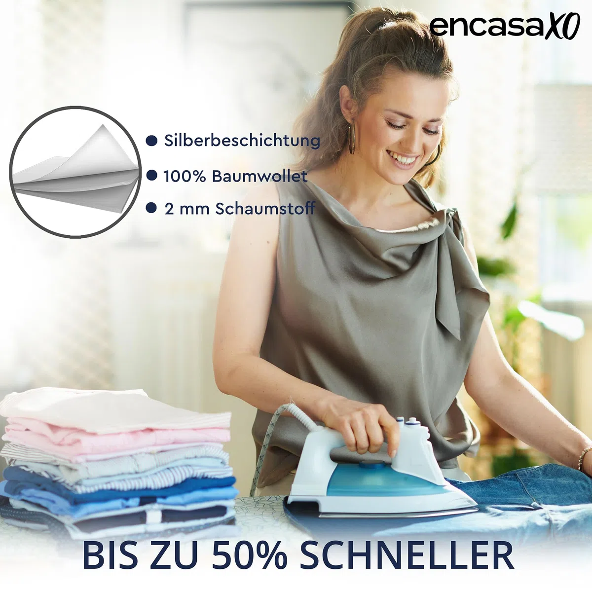Encasa XO Reflektierender Metallisierte Silikon bügelbrettbezug, 112x34 cm Zoll Mit Dickem Schaumstoff Und Filzauflage, Beständig Gegen Anbrennen Und Flecken, Verkürzt Die Bügelzei
