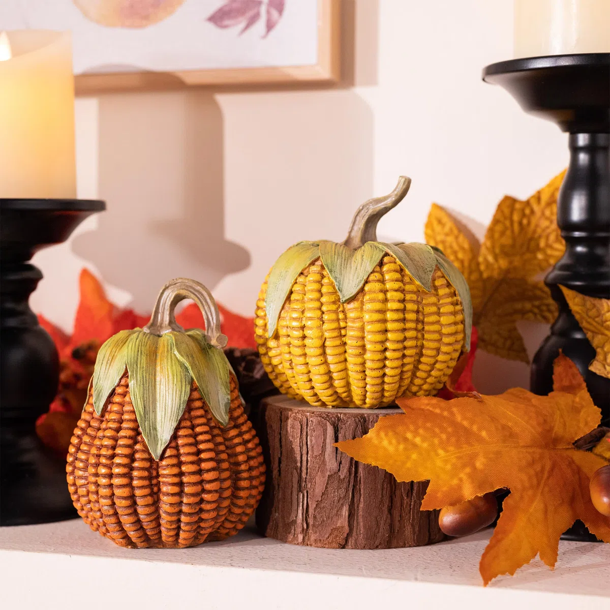 Valery Madelyn 2er Künstlich Kürbis für Herbstdeko Halloweendeko,Innen und Außen,Simulation Kürbisse in Maiskornmuster aus Kunstharz,Fall Decor Tischdeko,Geschenk Thanksgiving,10/12cm(M)