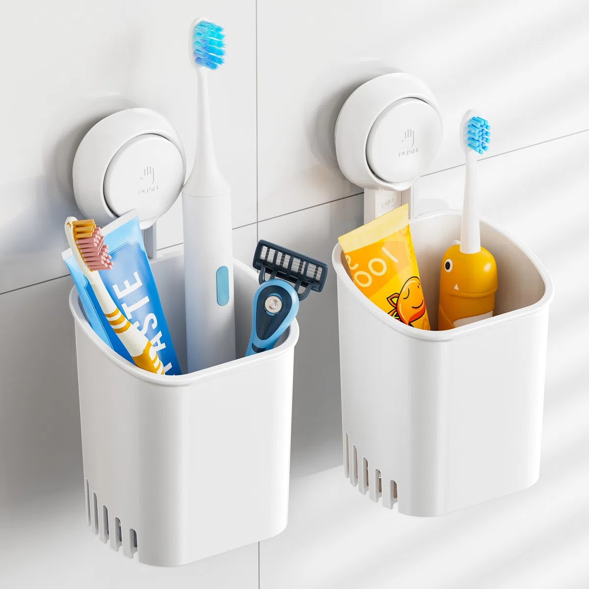 TAILI Saugnapf Zahnbürstenhalter ohne Bohren 2 Stück, Max Halt 3 KG Zahnbürstenhalter Wand für Dusche, Badezimmer Zahnputzbecher, Wasserfester Rasierklingenhalter, Zahnpastahalter, Plastik in Weiß