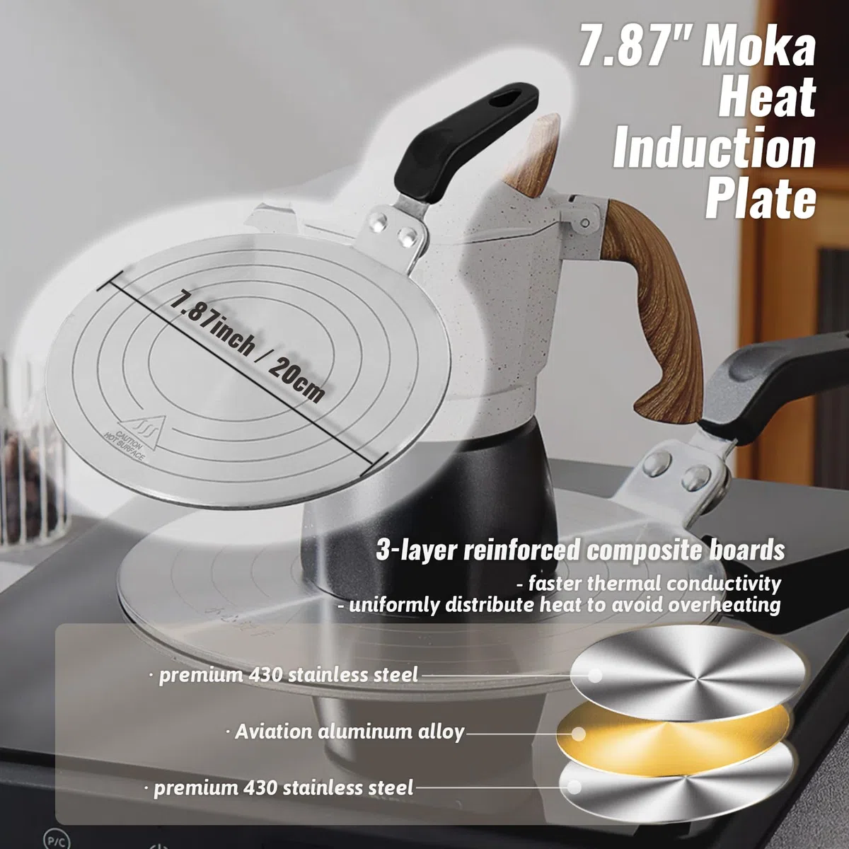 Universal Induktion Adapterplatte Ø 20 cm, Kleine Induktionsadapter mit Wärmeisolierunggriff aus Edelstahl für Moka Töpfe, Wärme Diffusor Kochen Induktion Adapter