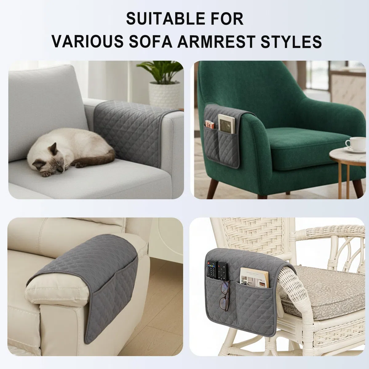 Sofa Armlehnen Organizer, Sesselschoner mit Seitentasche für Fernbedienung, Rutschfester Sofa Schoner für Couch & Sessel, Maschinenwaschbarer Möbelschutz 60x40 cm (Grau)