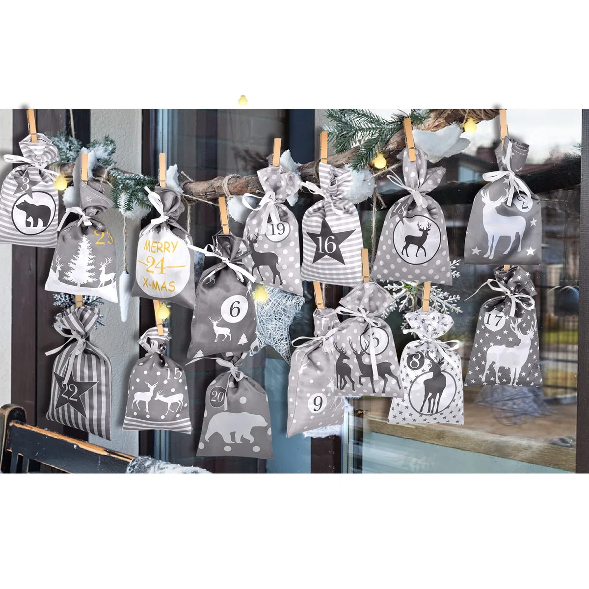 Adventskalender zum Befüllen Groß (12x21cm), 24 Stoffbeutel Kette zum selber Basteln und Aufhängen 2025 Weihnachtskalender zum selberfüllen mit Grau Stoff Säckchen für Kinder junge männer Mädchen