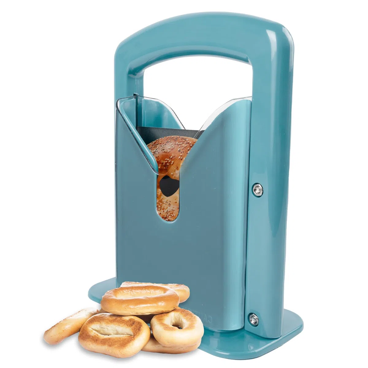 Bagelschneider, Sicherheitsgriff, Sicherheitsschild, Bagelschneider Edelstahl (Seeblau)