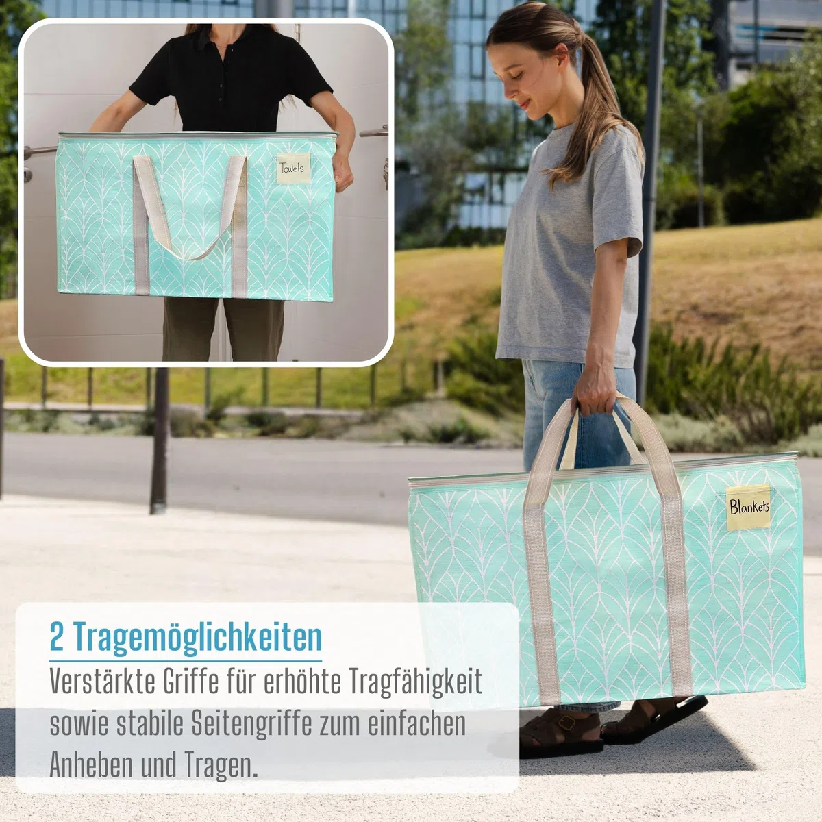 VENO 102 Liter Große Aufbewahrungstasche, Aufbewahrungsbox mit Deckel, Starke Griffe Umzugstaschen mit Reißverschlüssen, Alternative Umzugskartons, Faltbare Kleideraufbewahrung (Immergrün, 2er Pack)