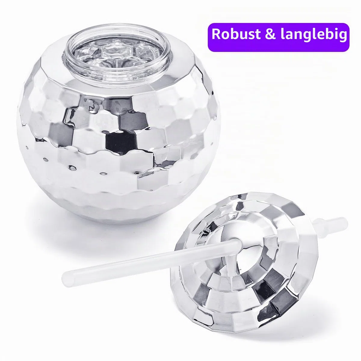 Nicunom 6 Stück 540 ml Discokugelbecher mit Deckel und Trinkhalmen Wiederverwendbar, silberfarben, Discokugel-Becher, Cocktailbecher, glitzernd, Disco-Bar, Party, Wein, Trinken, Tee, Sirup, Flasche