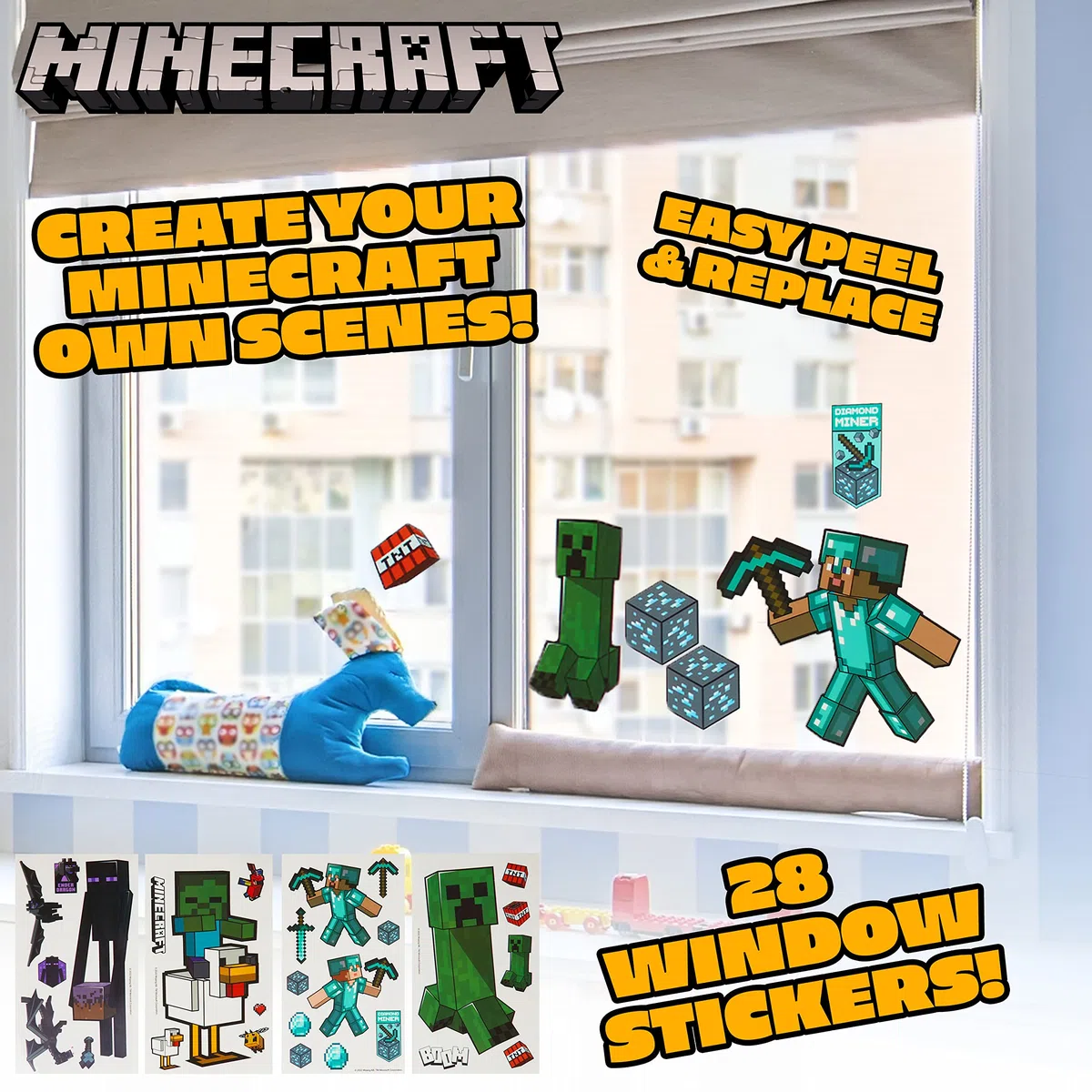 Minecraft Fensterbilder Aufkleber und Zubehör für Schlafzimmer für Jungen Fensterdeko Kinderzimmer, Grün, 227908536-NEW