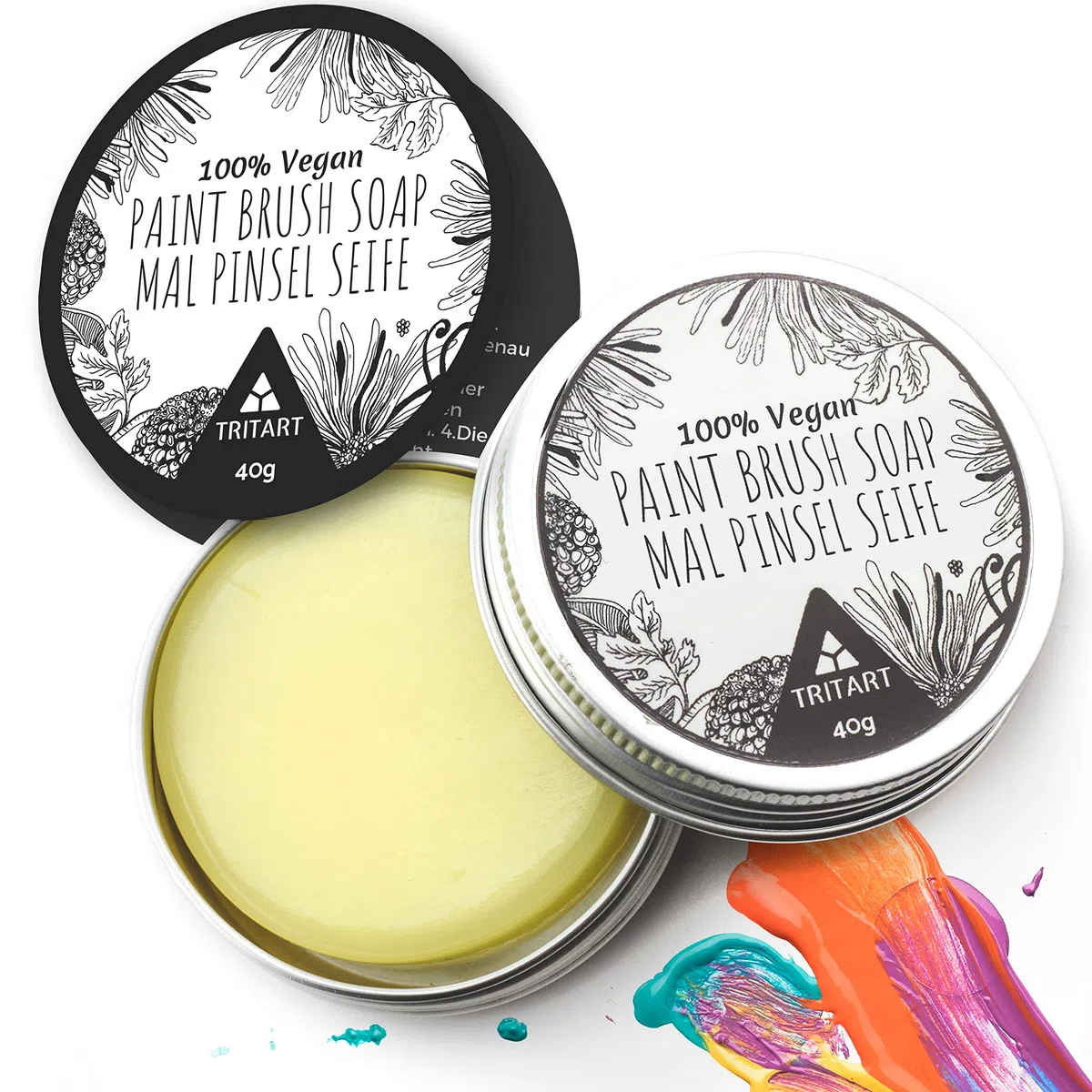 Tritart Pinselseife Künstlerbedarf 40g - Pinselreiniger Acrylfarbe und Aquarell - Brush Soap Pinsel Seife - Malpinsel Reiniger Malen - Pinsel Reinigung - Pinselwascher vegan
