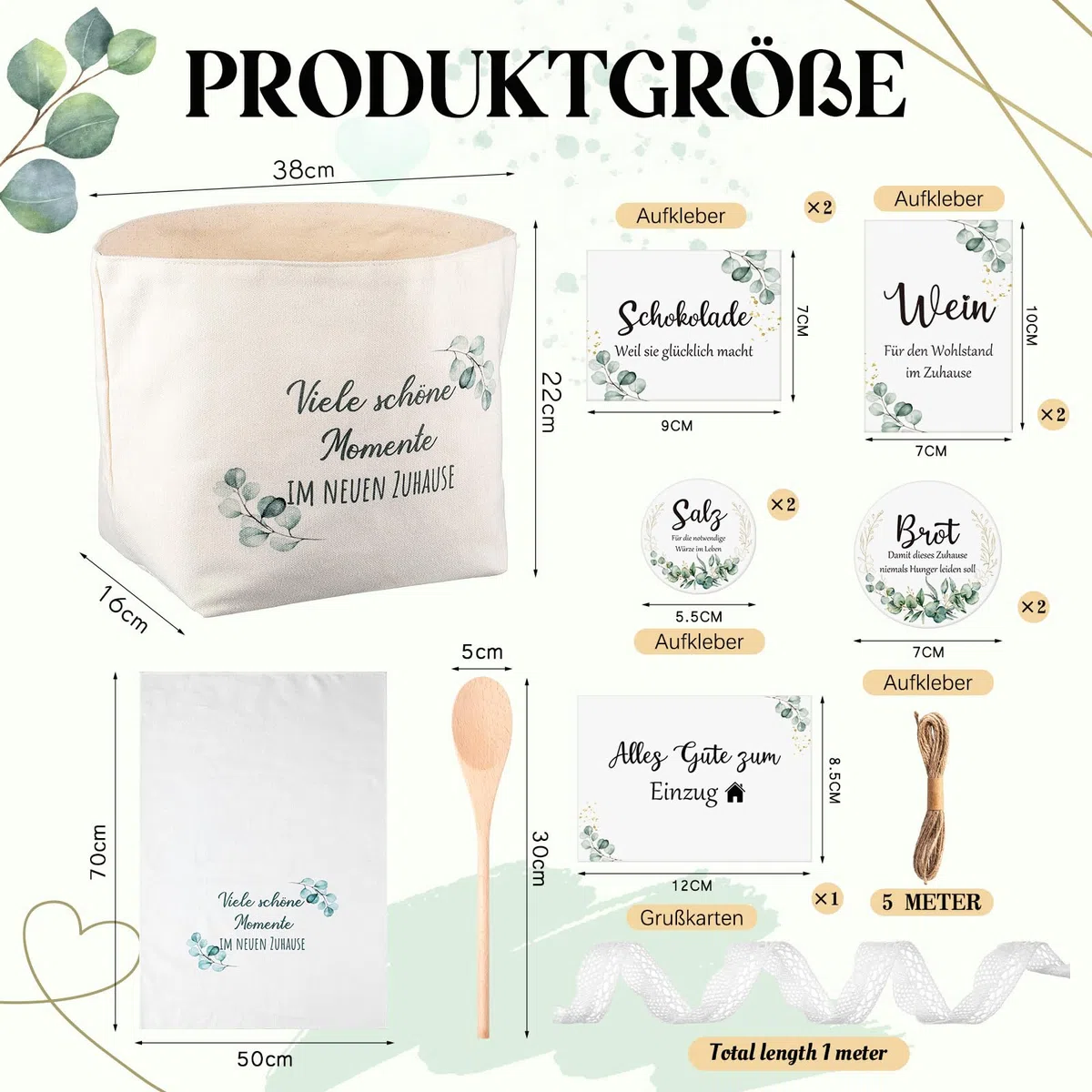 Sinmoe Geschenk zum Einzug Einzugsgeschenke Haus Brotkorb Brot Salz Wein Aufkleber Geschirrtuch Kochlöffel Einweihungsgeschenk zum Wohnung Richtfest(Eukalyptus,Viele schöne Momente im neuen Zuhause)