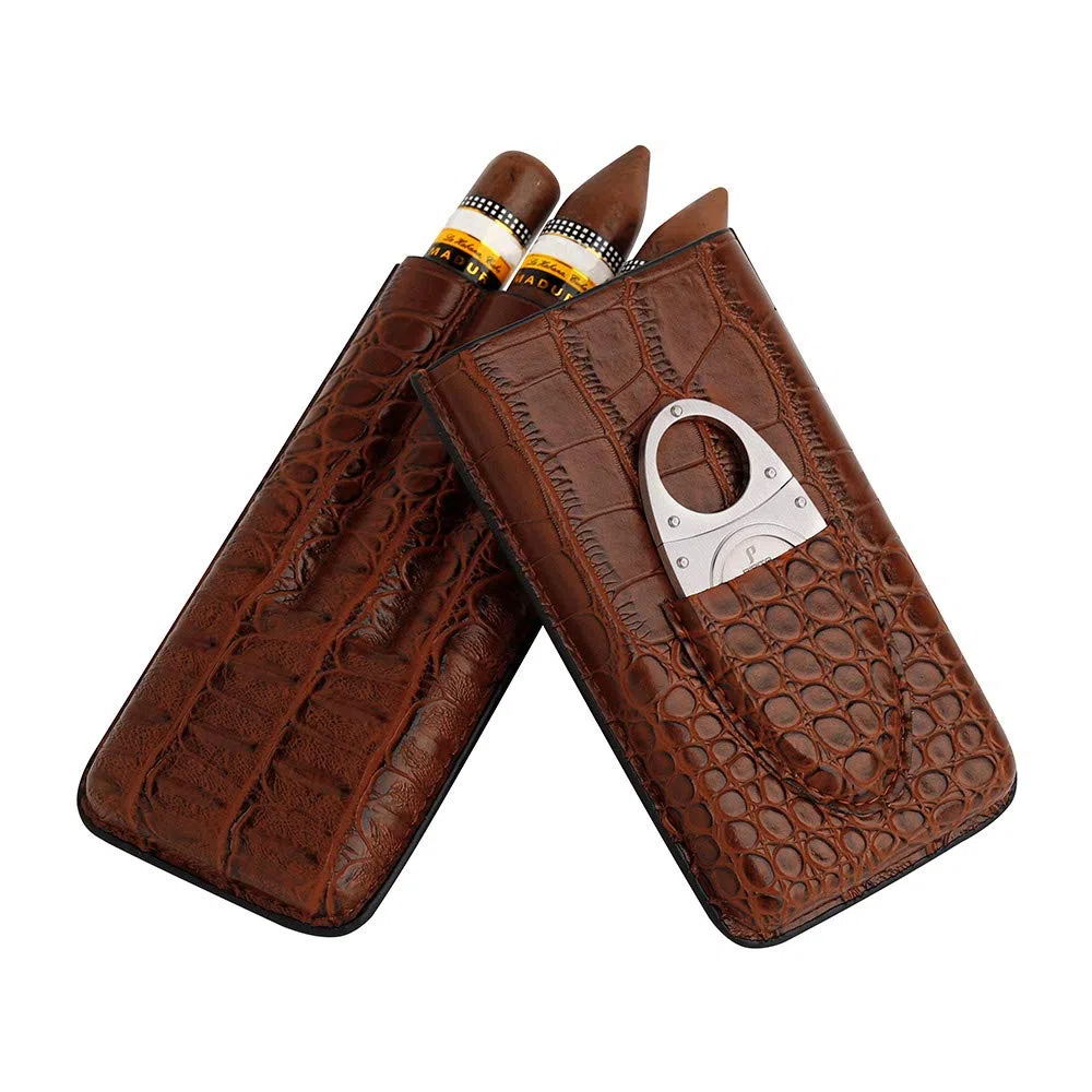 PIPITA Zigarrenetui aus Leder, 3 Tubes Zigarren Humidore aus Krokodile Getreide Leder Zigarrenschneider aus Edelstahl inkl.Tragbare Reise-Zigarrentasche Zigarren Etui (Braun für 3 Zigarren)