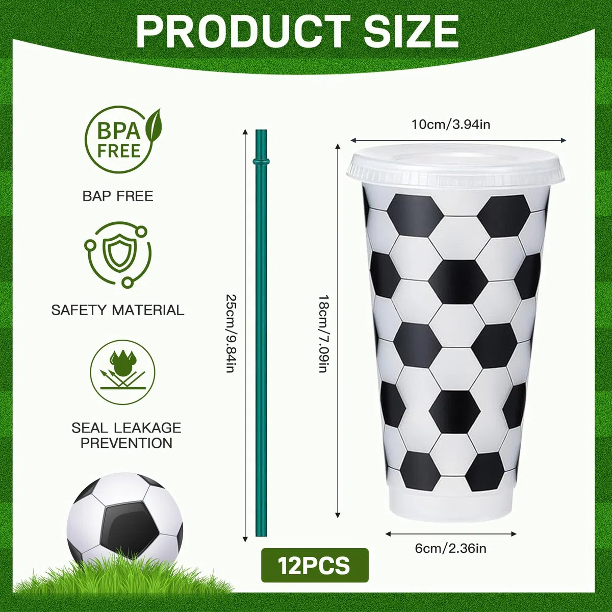 MeYuxg 12er-Set Fußball Becher, 701ML Fußball Tasse mit Deckel und Strohhalm Wiederverwendbare Schwarz-Weiß, für Bier, Water und Getränke, Fussball Sportball Party Tumbler