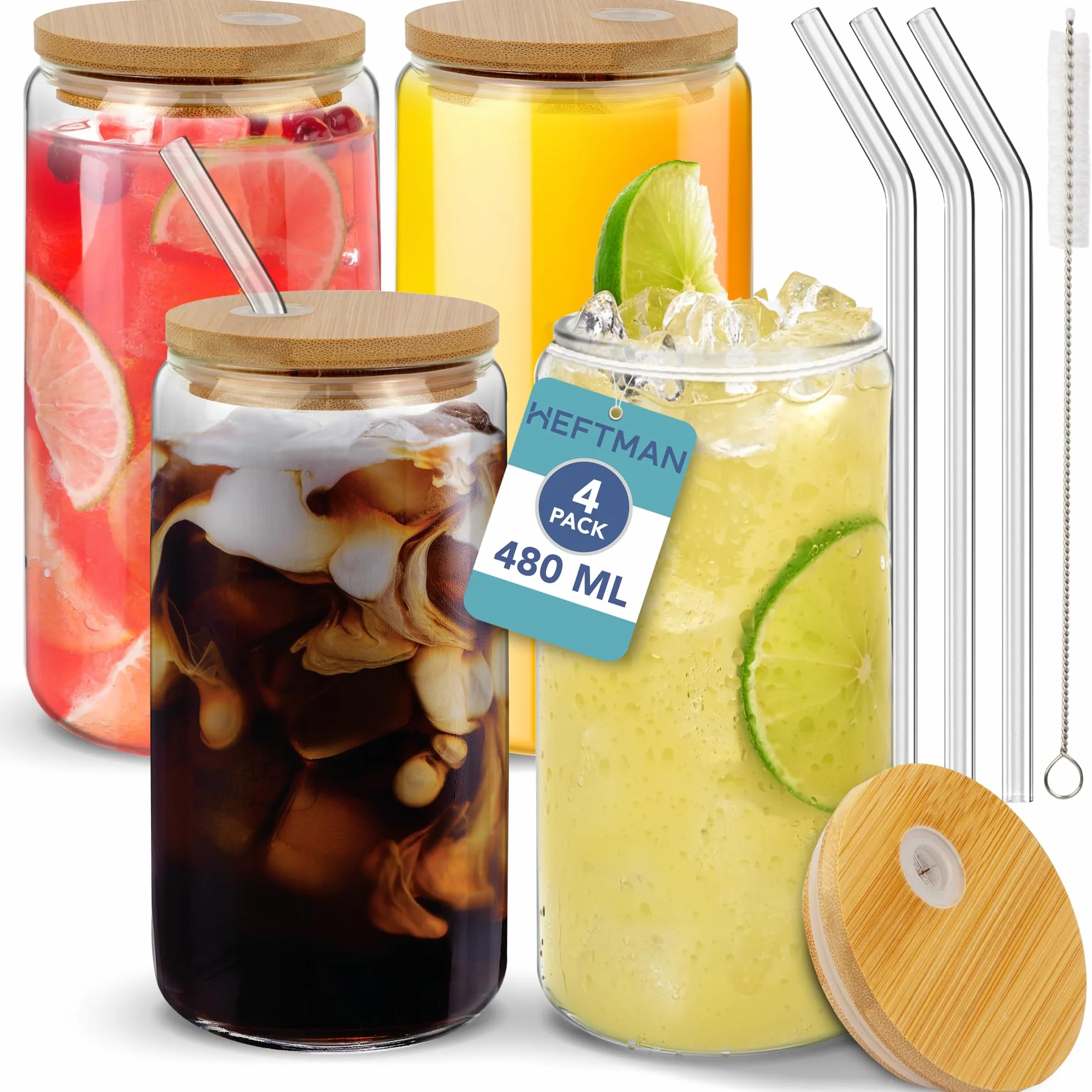 HEFTMAN Glasbecher mit Deckel und Strohhalmen, leere Gläser in Dosenform, 480 ml, mit luftdichten Bambusdeckeln, Glasstrohhalmen und Reinigungsbürste für Strohhalme, Eiskaffeeglas für Smoothies, Bier,