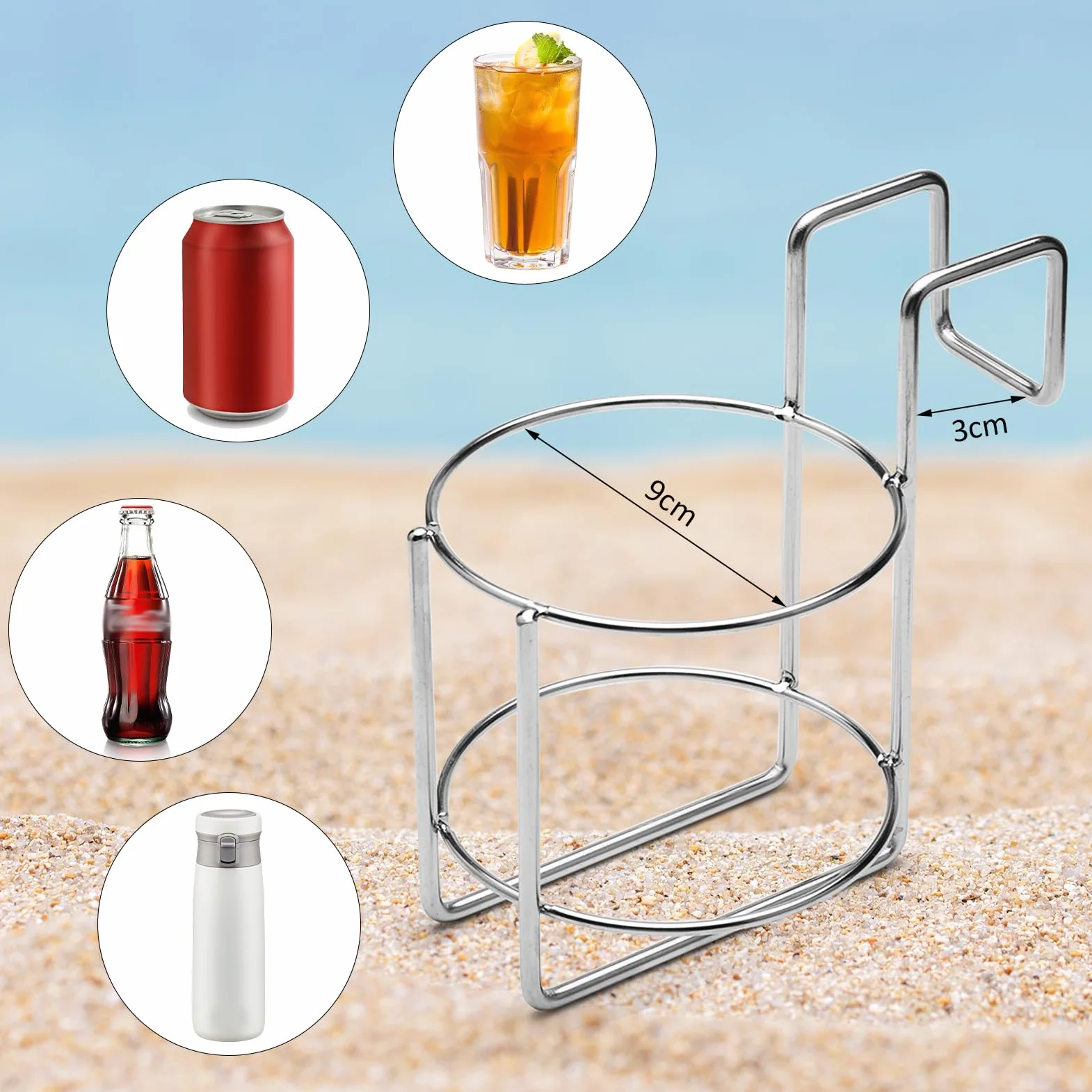 2 Stück Getränkehalter Strandkorb, Becherhalter Edelstahl Ø9,5cm mit Haken, Flaschenhalter für Bier, Wein & Gläser, Strandkorb Zubehör ohne Bohren, Silber