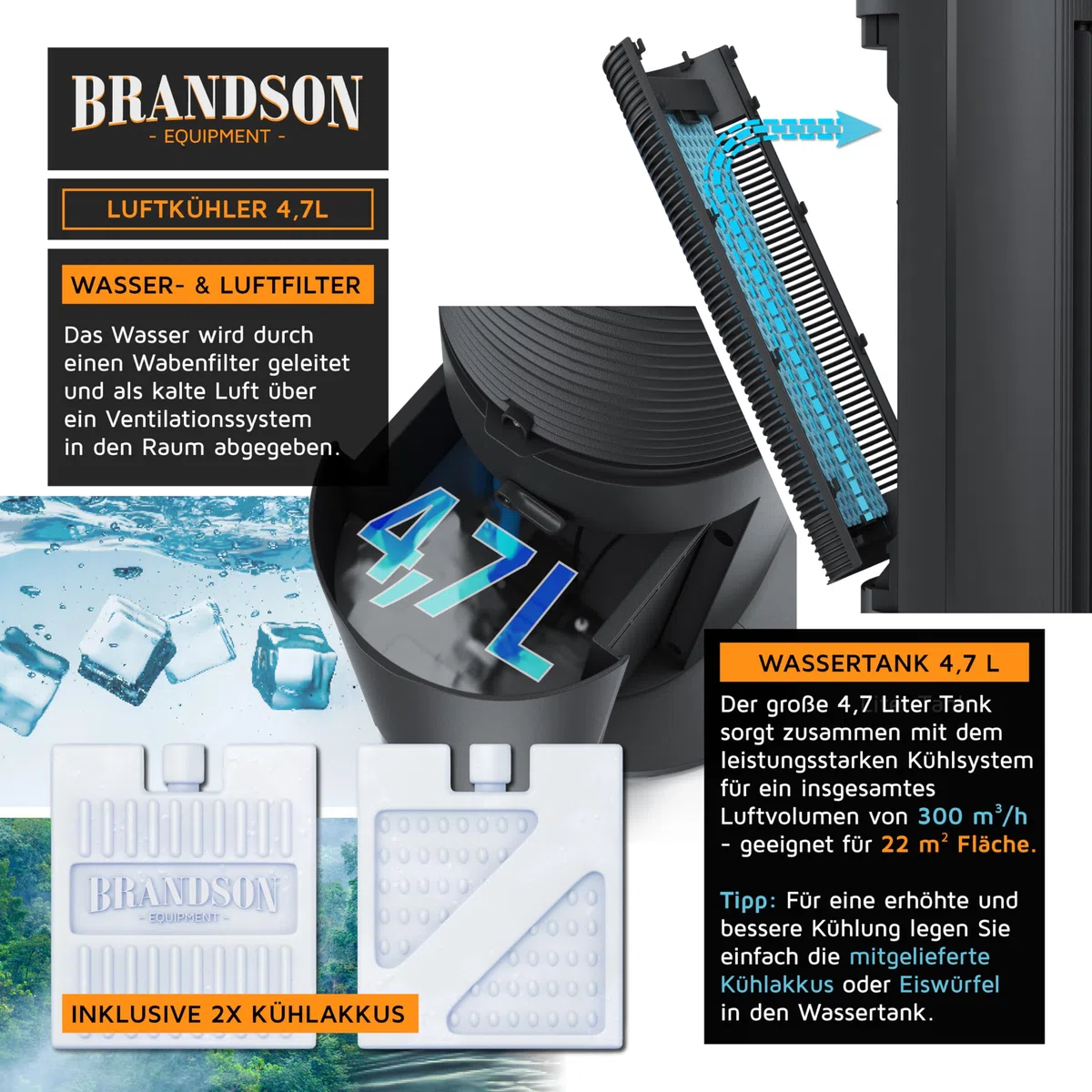 Brandson - Luftkühler mit Wasserkühlung - Preisträger 2025 - Verdunstungskühler - Luftkühler - Ventilator - mobile Klimaanlage ohne Abluftschlauch - leise - Turmventilator