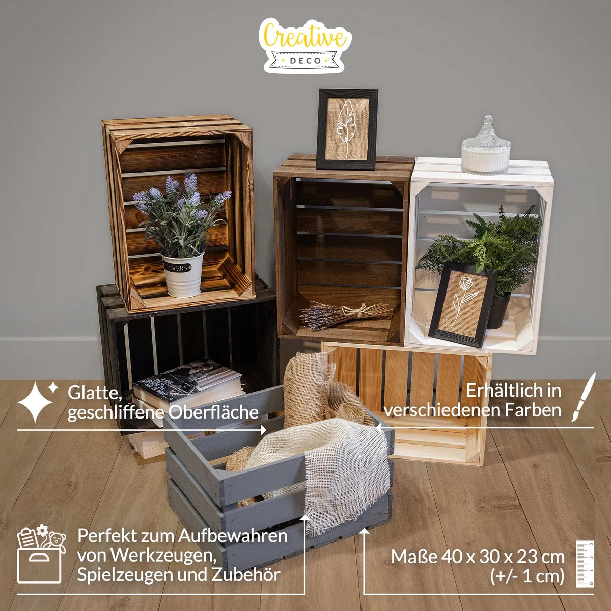 Creative Deco Holzkiste Vintage | 40 x 30 x 23 cm | Kiste Holz Geflammt | Obstkiste Deko Weinkisten Apfelkiste | Perfekt als Holzbox Geschenkbox Spielzeugkiste Aufbewahrungskiste Osterdeko