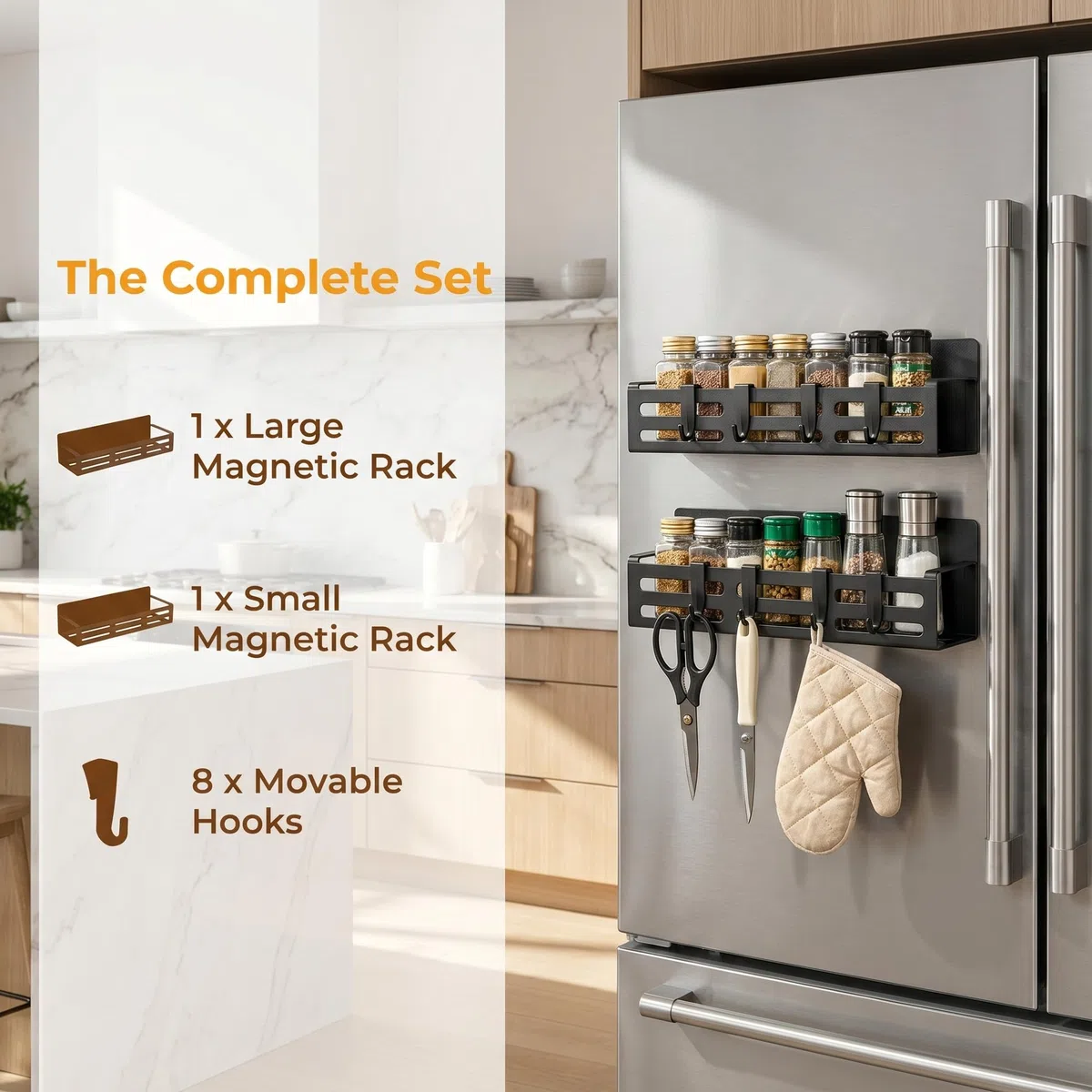 2 Stück Gewürzregale, Kühlschrank Regal Magnetisch mit 8 Haken Magnetregal Magnetic Spice Rack Kühlschrankregal Wandregal Küche Anti-Rost für Küchenorganisation und Lagerung (Schwarz)