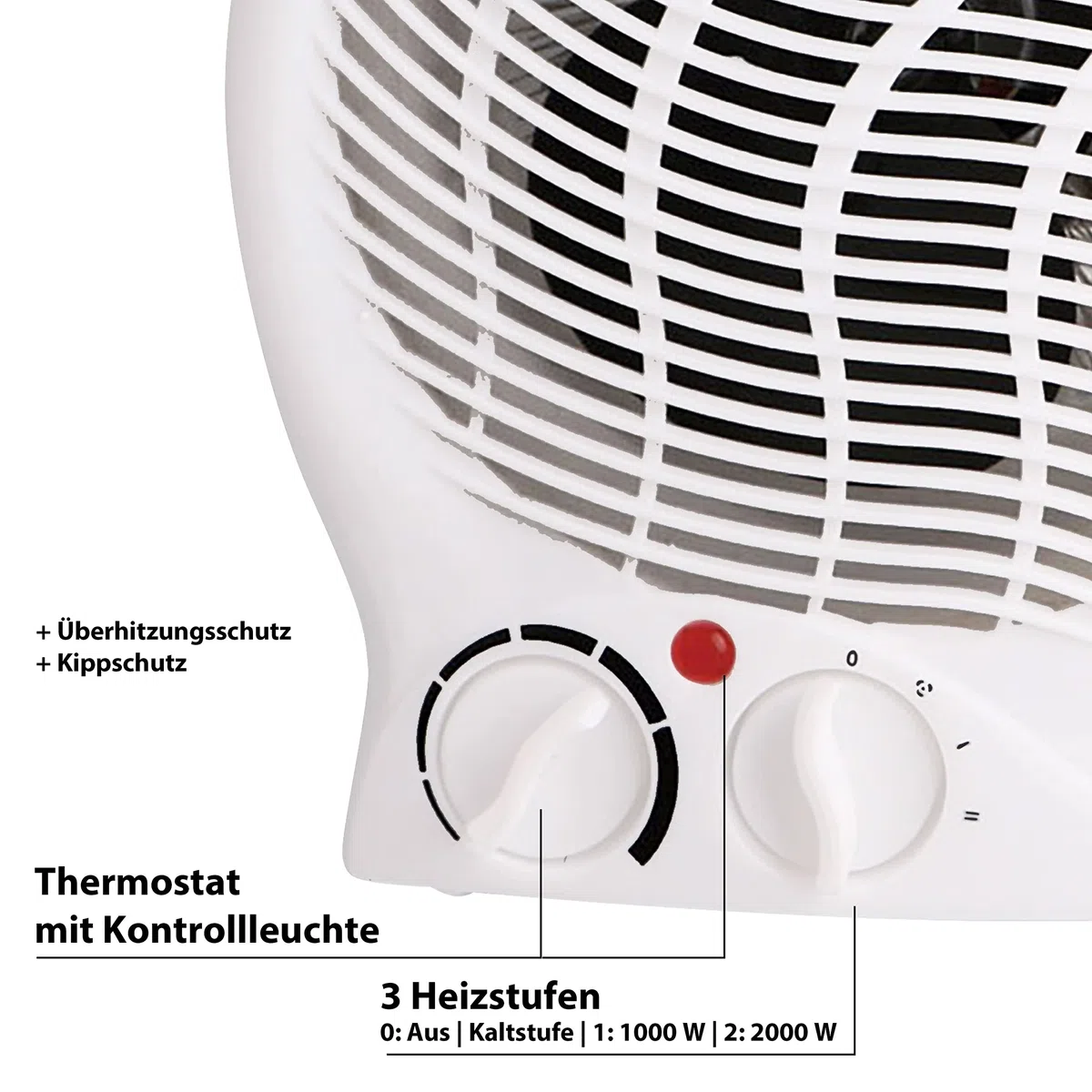 Heizlüfter mit 3 Heizstufen | kompaktes Heizgebläse | starkes Gebläse 2000W | mit Überhitzungsschutz und Kippschutz (Heizlüfter weiß 1000/2000 Watt)