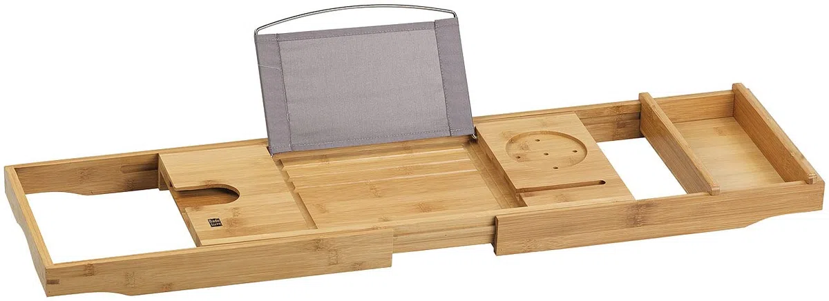 Badewanne Buchhalter: Verstellbare Badewannen-Ablage aus Bambusholz, 75-109 cm Breite (Badewannenhalter, Badewannentablett, Wein)
