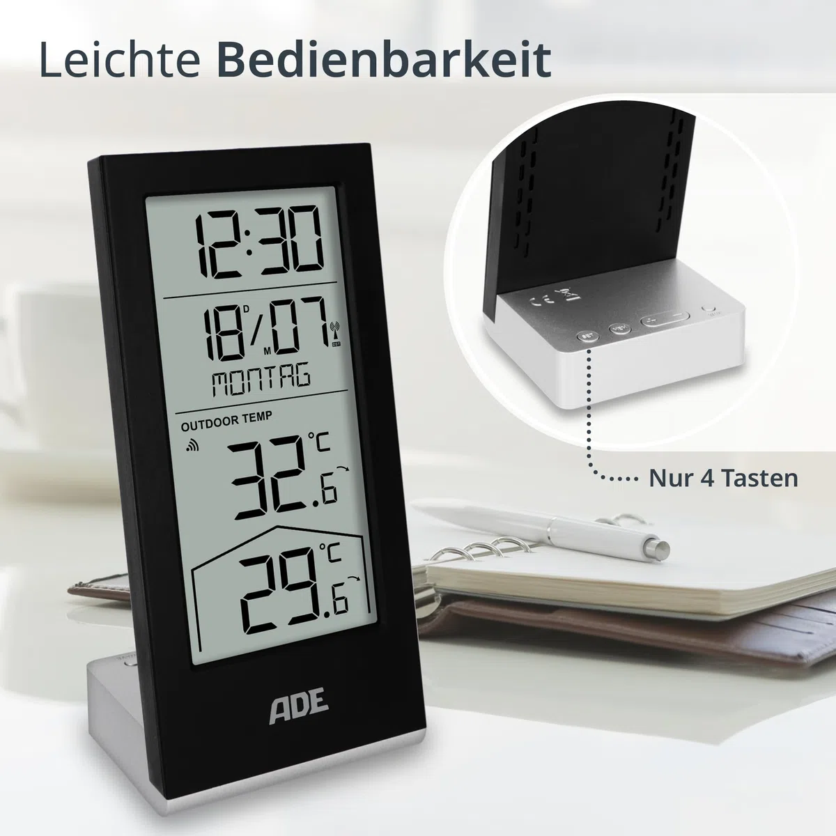 ADE Funkuhr digital mit Temperaturanzeige und Außensensor | Thermometer für Innen- und Außentemperatur | Trendanzeige | Tischuhr mit Datum und Wochentag | inkl. Batterien | schwarz