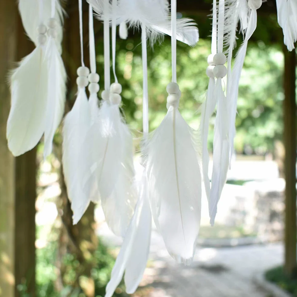 großer Traumfänger im Boho-Stil, mit weißer Feder, Makramee, Wandbehang für Vintage-Hochzeit oder zur Heimdekoration, 35 cm Kreis, 115 cm lang, Weiß