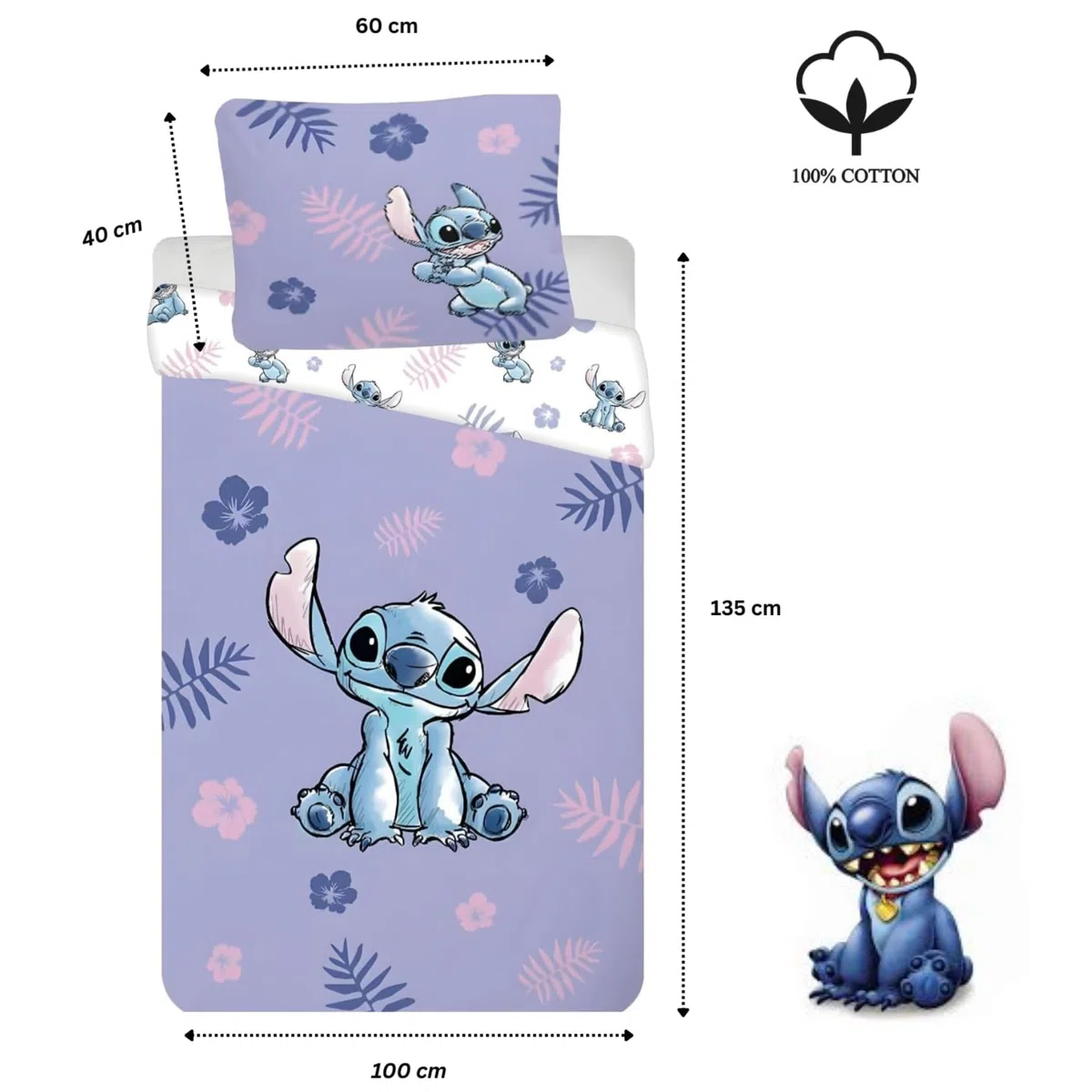 Disney Lilo & Stitch Bettwäsche-Set für Juniorbett | 100x135 cm Bettbezug & 40x60 cm Kissenbezug, 100% Baumwolle | Weiches, atmungsaktives tropisches Hibiskus- & Stitch-Design für Kleinkinder