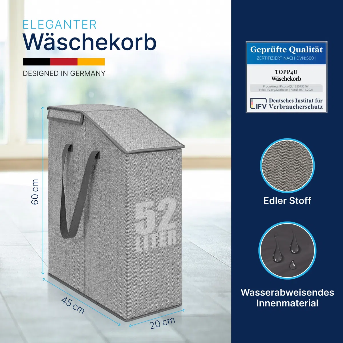TOPP4u schmaler Wäschekorb mit Deckel - 52 L - 20x45x60 cm faltbarer Nischen-Wäschesammler - Platzsparende Wäscheaufbewahrung Wäschesortierer schmal, hoch - Großer Wäsche-Organizer tragbar mit Griffen