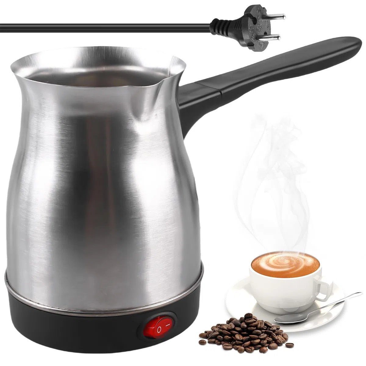 Elektrische Türkische Kaffeekanne, 800ML 800W Türkische Kaffeemaschine mit Griff, Edelstahl Kaffeekessel, Mokkakanne, Mehrzweck-Schnellkessel Kaffeekocher für Zuhause,Büro,Mocca & Tee,Reisen (Silber)