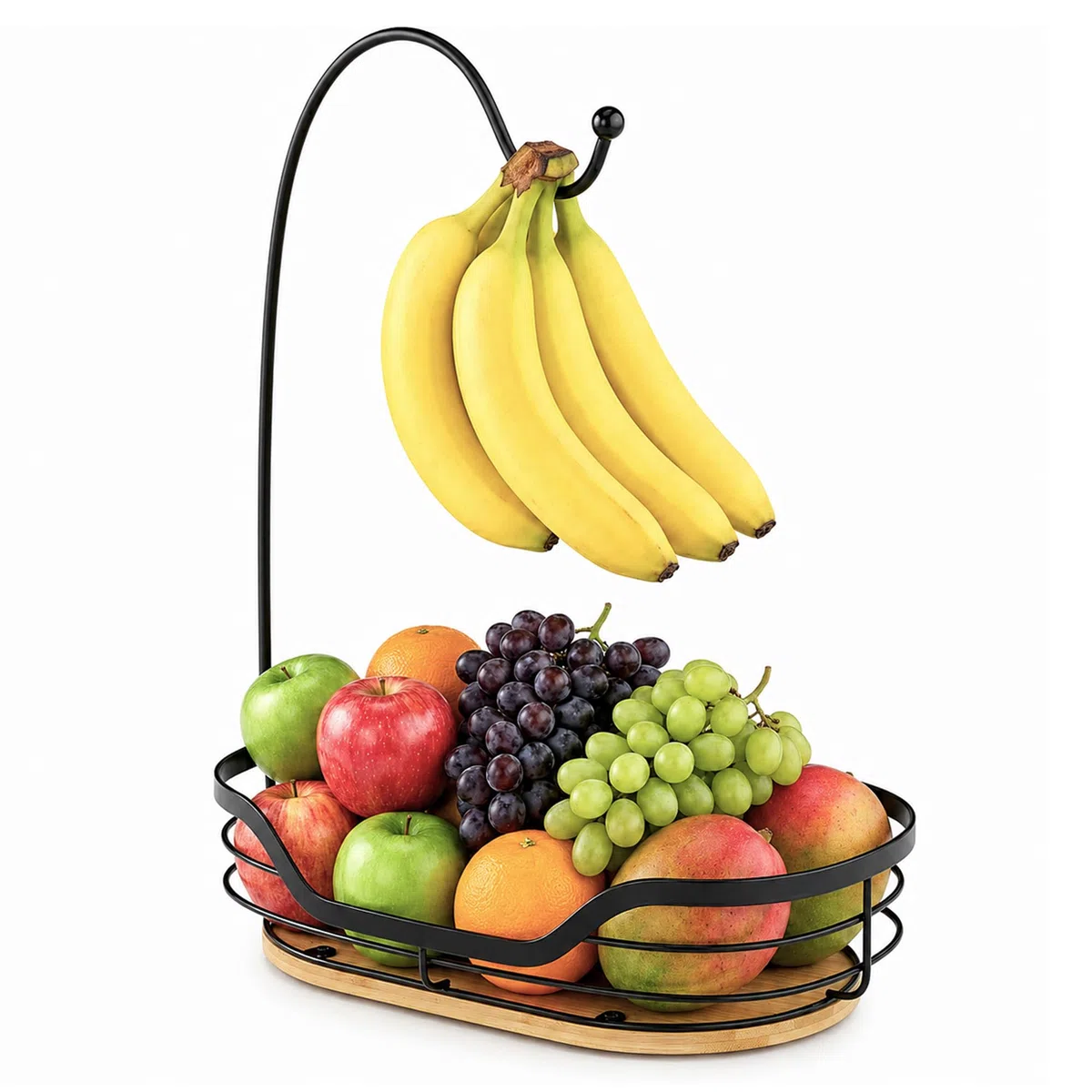 Dvocel Obstkorb mit Bananenhalter Obstschale Metall mit Bambusboden Früchtekorb für Küche Arbeitsplatte & Tisch Moderner Obstständer für Obst, Gemüse, Brot & Snacks, Obstkorb Schwarz