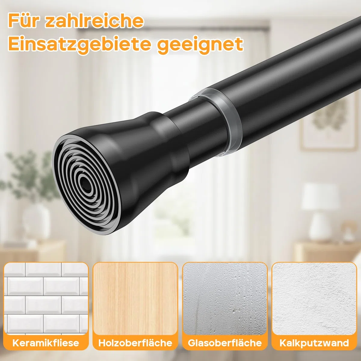 1Stück Teleskopstange ohne Bohren 120-200CM (passt für 120-196,5CM) - Gardinen- und Duschvorhangstange, Rostfrei & Verstellbare Klemmstange für Vorhänge, Dusche, Fenster, Badezimmer - Schwarz