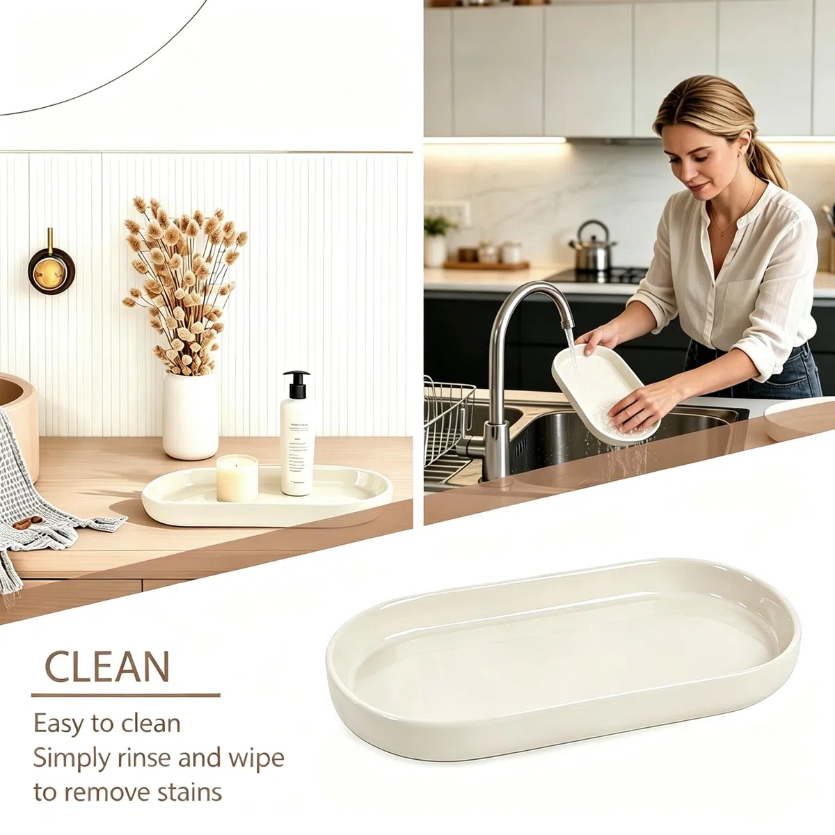 2 STK Deko Tablett Ceramics, Badezimmer Tablett Kosmetiktablett, Dekotablett Beige für Schminktische, Badezimmer, Küchen und Esszimmer (Beige)