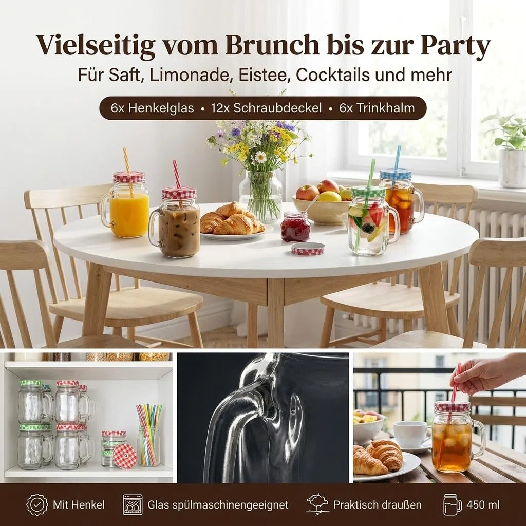 gouveo 6er Set Trinkglas 450 ml (0,45 l) mit Henkel und Schraubdeckel silberfarben + rot – Henkelglas mit Mehrweg-Trinkhalm aus Hartkunststoff für Garten, Bowle, Cocktails (TGH450SR)