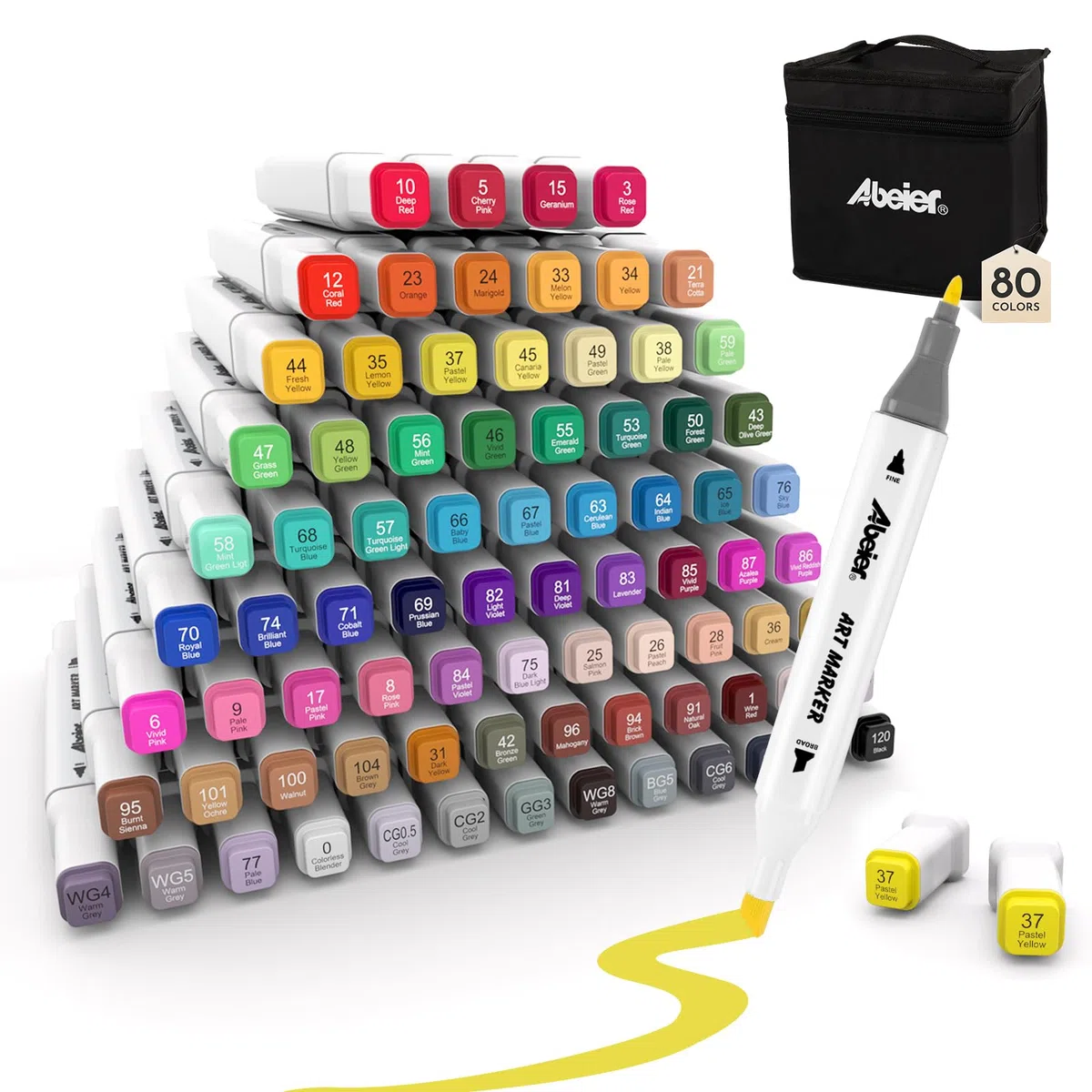 ABEIER 80 Farben Alkohol Stifte Set, Schnell Trocknende Alkohol Marker, Doppelseitige Marker Stifte, Meißel & Feine Alkoholmarker für Malerei, Zeichnen, Design, Manga, Permanentmarker mit Tragetasche
