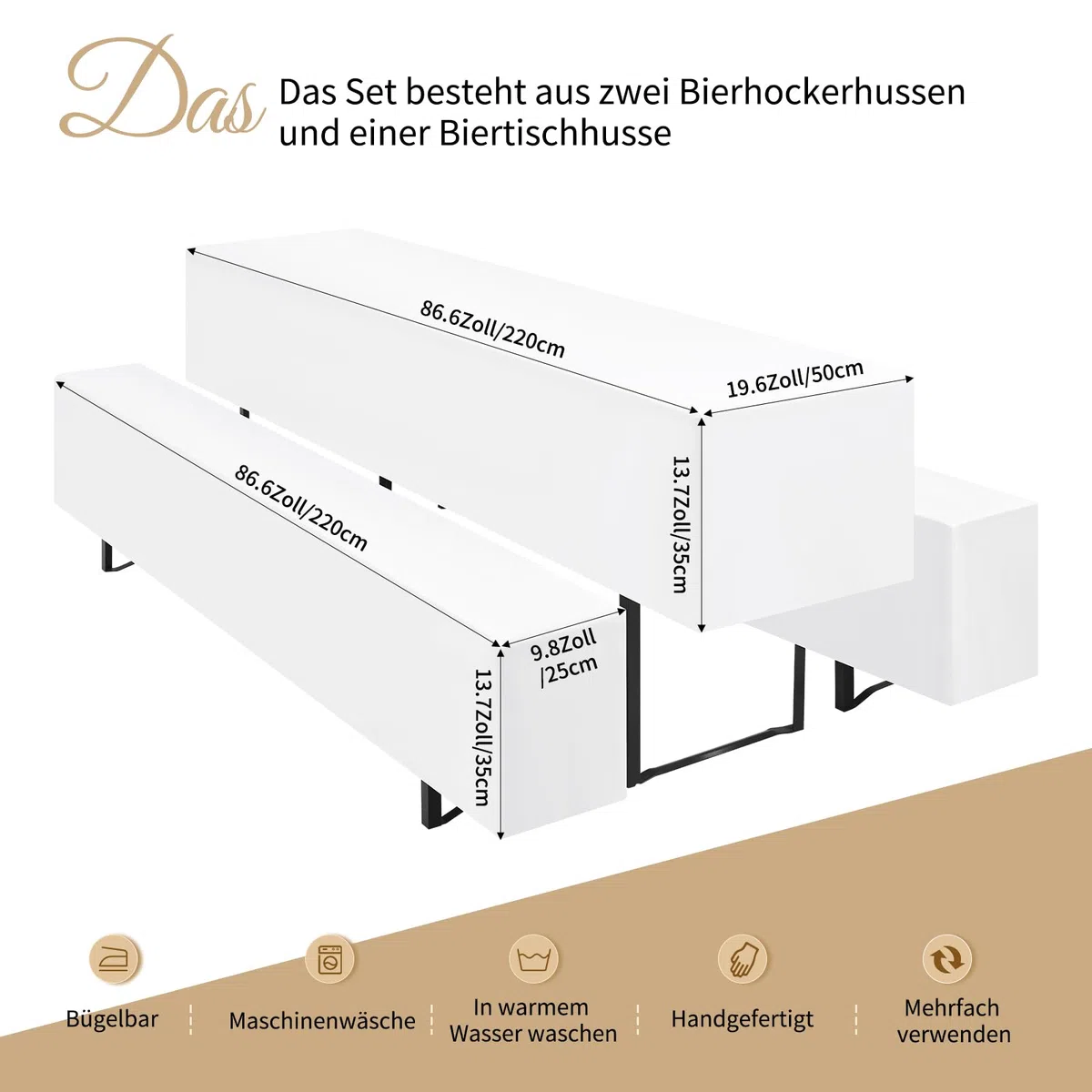 Teruntrue Bierzeltgarnitur Set 3tlg. wasserdichte Hussen für Bierzeltgarnitur 220 x 50cm – 1 Husse Biertisch + 2 Bierbank in Weiß - Biertischhusse Bierbankhusse Biertisch – 220x50cm Weiß