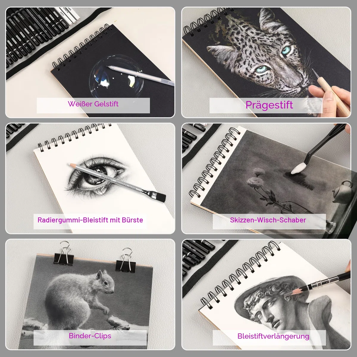 HIFORNY 60-teiliges Zeichen-Set, Skizzierstifte, Kunstzubehör mit 3-farbigem Skizzenbuch, Graphit, Kohle, Zeichenstifte für Erwachsene, Künstler, Kunststifte
