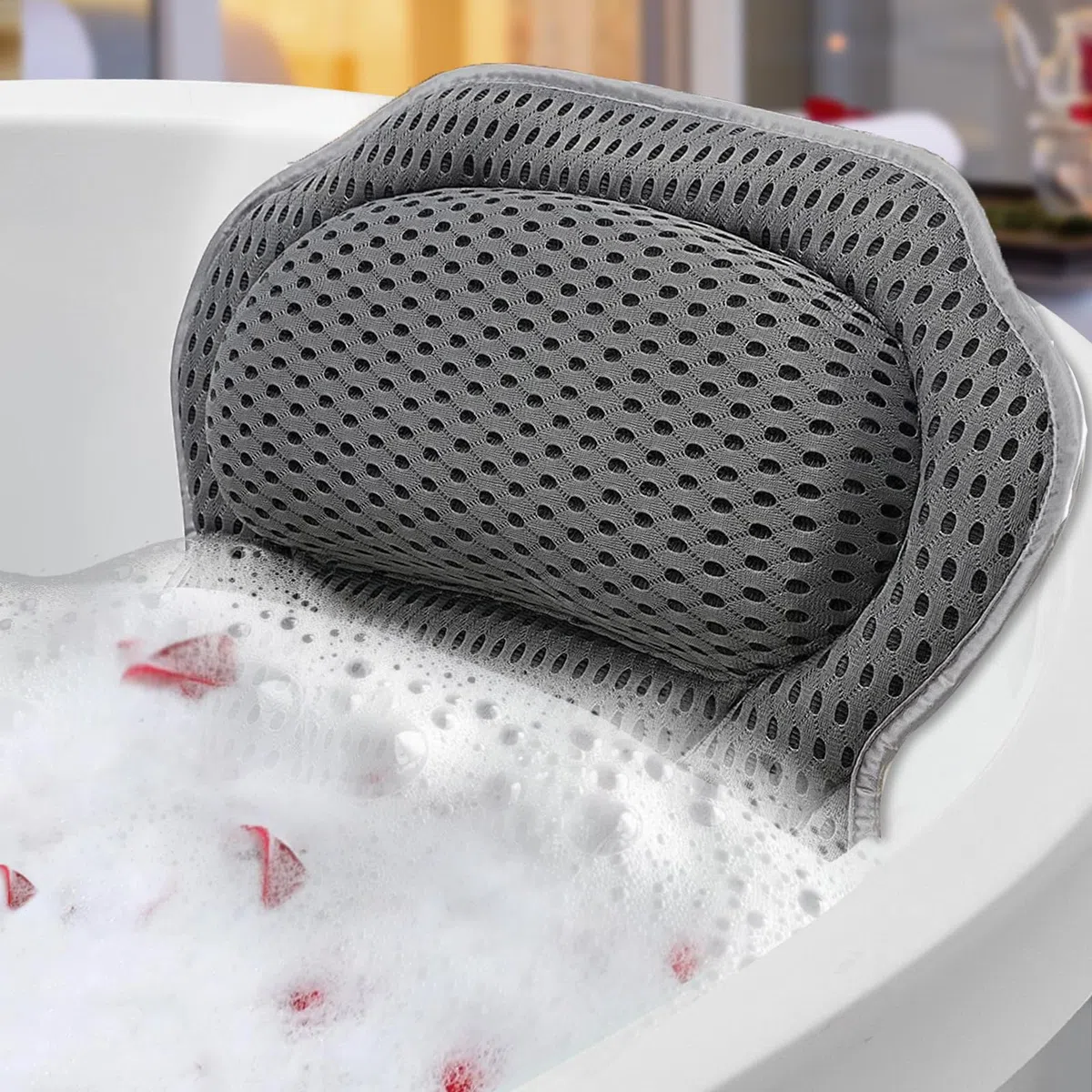 Badewannenkissen mit 6 Saugnäpfen & Haken - Ergonomisches Nackenkissen mit Memory-Schaum & 4D Air Mesh, Schnelltrocknend, Für alle Badewannen (Grau)